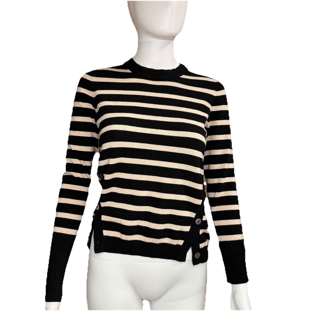PEARL BY LELA ROSE Striped Sweater Top Women's XS Ivory/black Crew Neck Designer